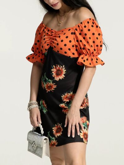 Ruched Polka Dot Flounce Sleeve Dress - TRENDMELO