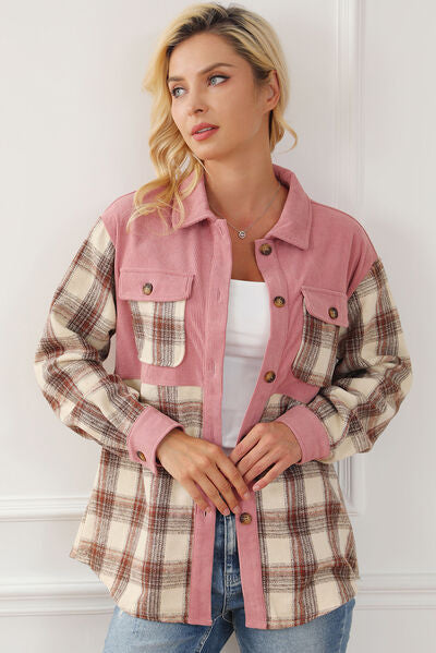 Button Up Plaid Collared Neck Jacket - TRENDMELO