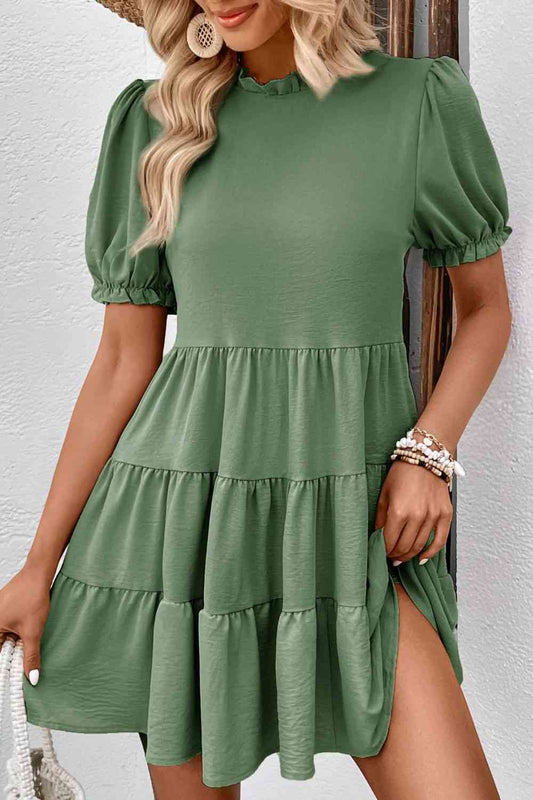 Puff Sleeve Tie Back Tiered Dress - TRENDMELO