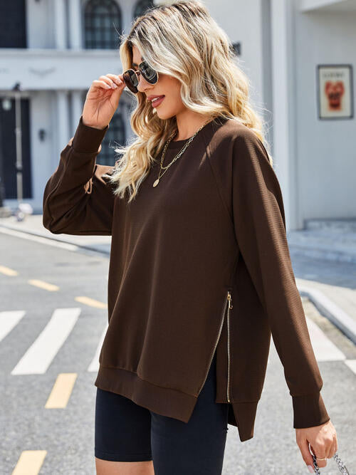 Zip Detail Round Neck Long Sleeve Sweatshirt - TRENDMELO