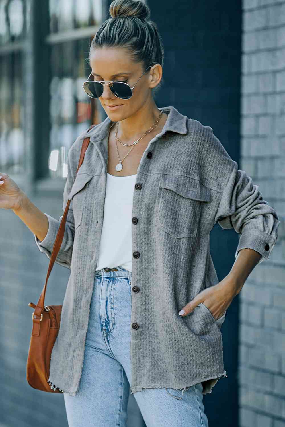 Textured Button Down Shirt Jacket with Pockets - TRENDMELO