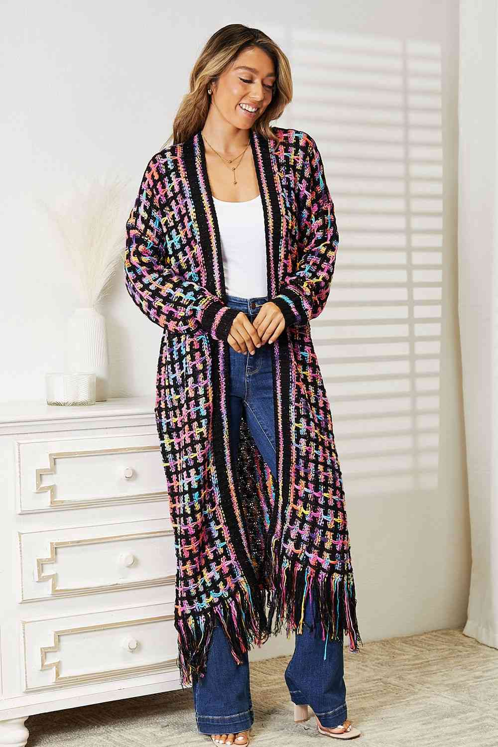 Double Take Full Size Multicolored Open Front Fringe Hem Cardigan - TRENDMELO