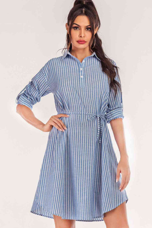 Full Size Striped Quarter-Button Roll-Tab Sleeve Shirt Dress - TRENDMELO