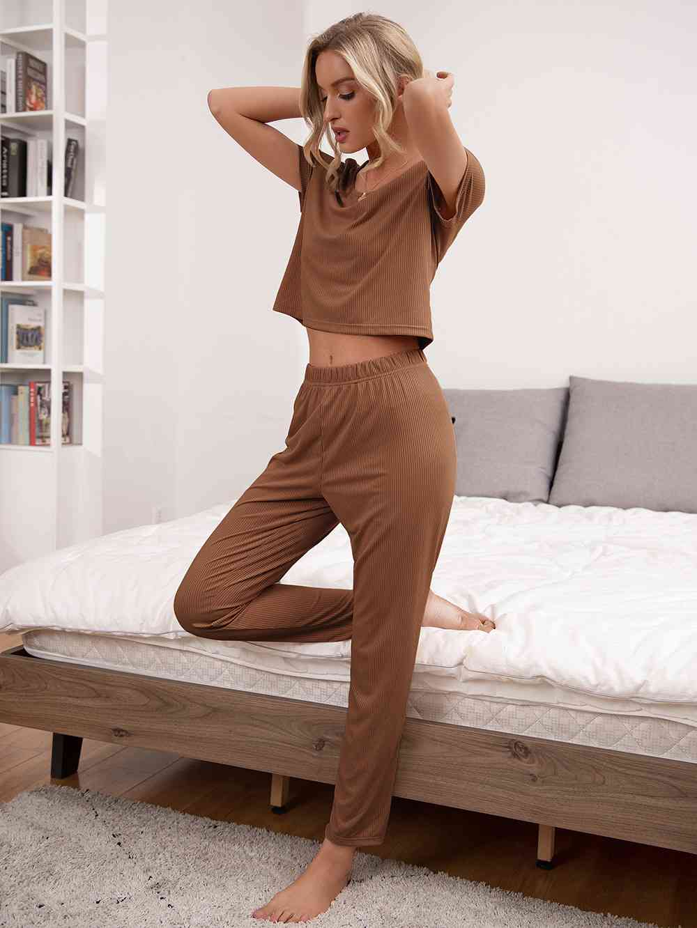 Round Neck Short Sleeve Top and Pants Lounge Set - TRENDMELO