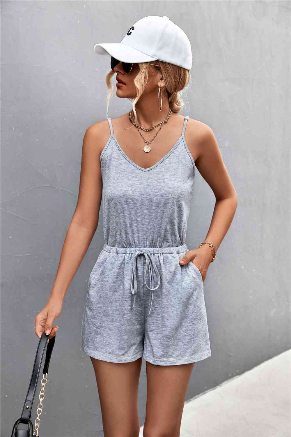 Spaghetti Strap V-Neck Pocket Romper - TRENDMELO