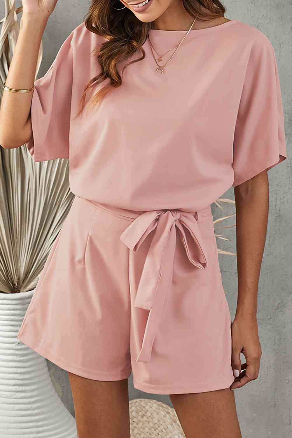 Tie Belt Short Sleeve Romper - TRENDMELO