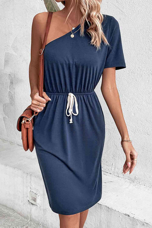 One-Shoulder Short Sleeve Knee-Length Dress - TRENDMELO