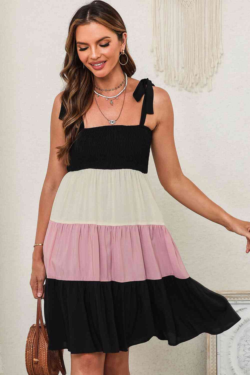 Color Block Tie Shoulder Tiered Dress - TRENDMELO