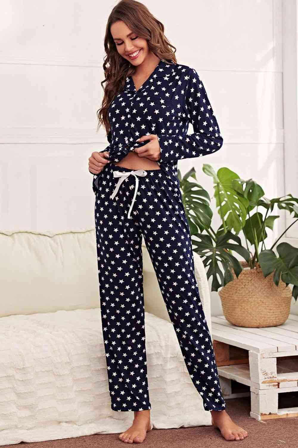 Star Print Button-Up Shirt and Pants Lounge Set - TRENDMELO