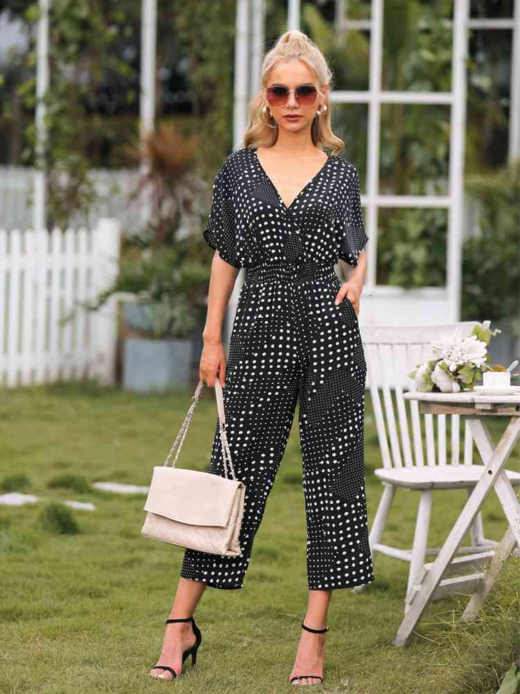 Polka Dot Surplice Neck Jumpsuit with Pockets - TRENDMELO