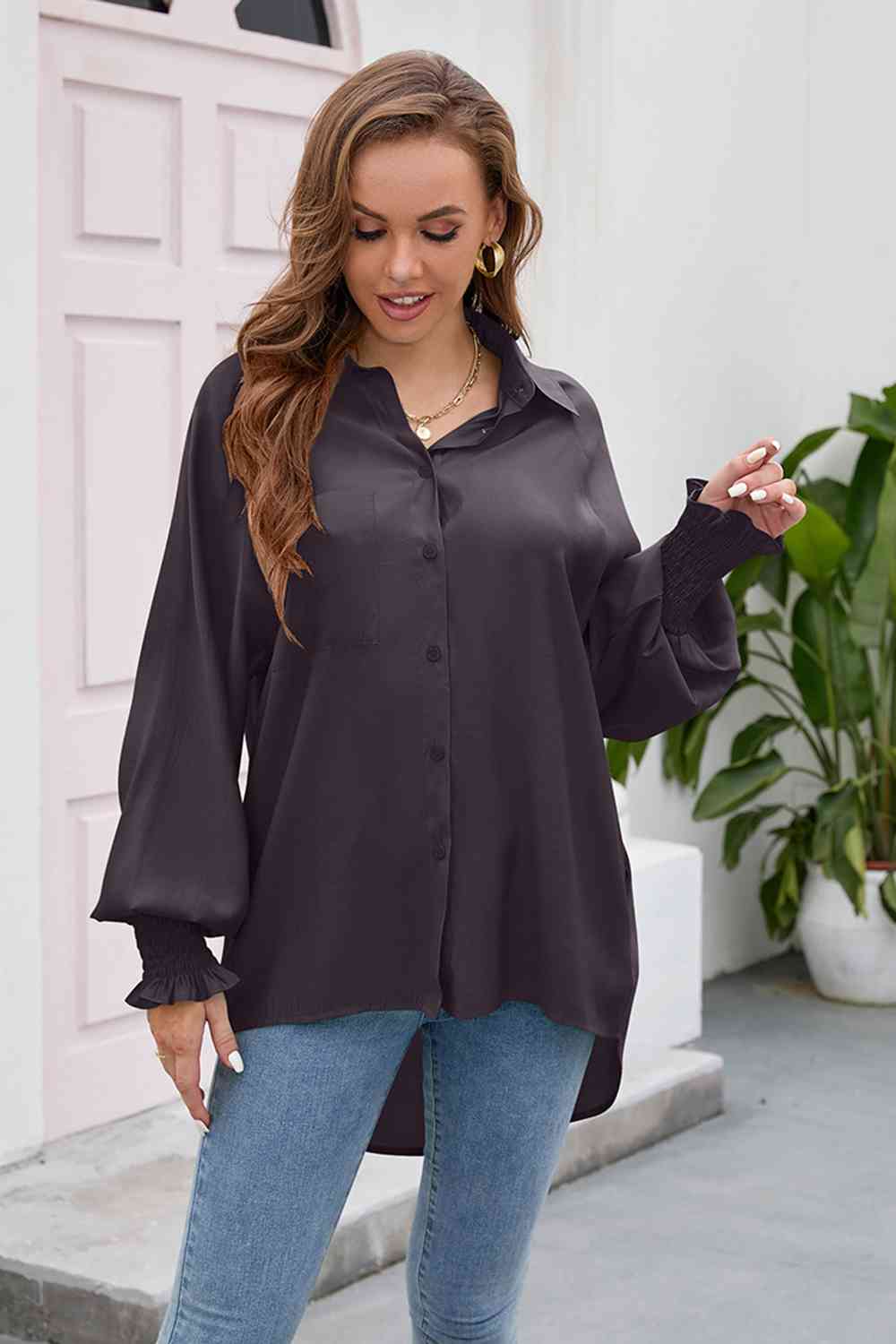 High-Low Collared Neck Lantern Sleeve Shirt - TRENDMELO