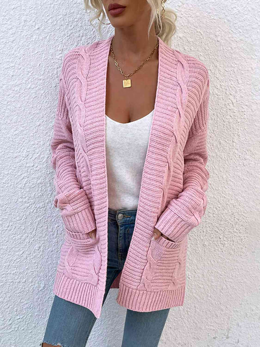 Cable-Knit Open Front Cardigan with Pockets - TRENDMELO