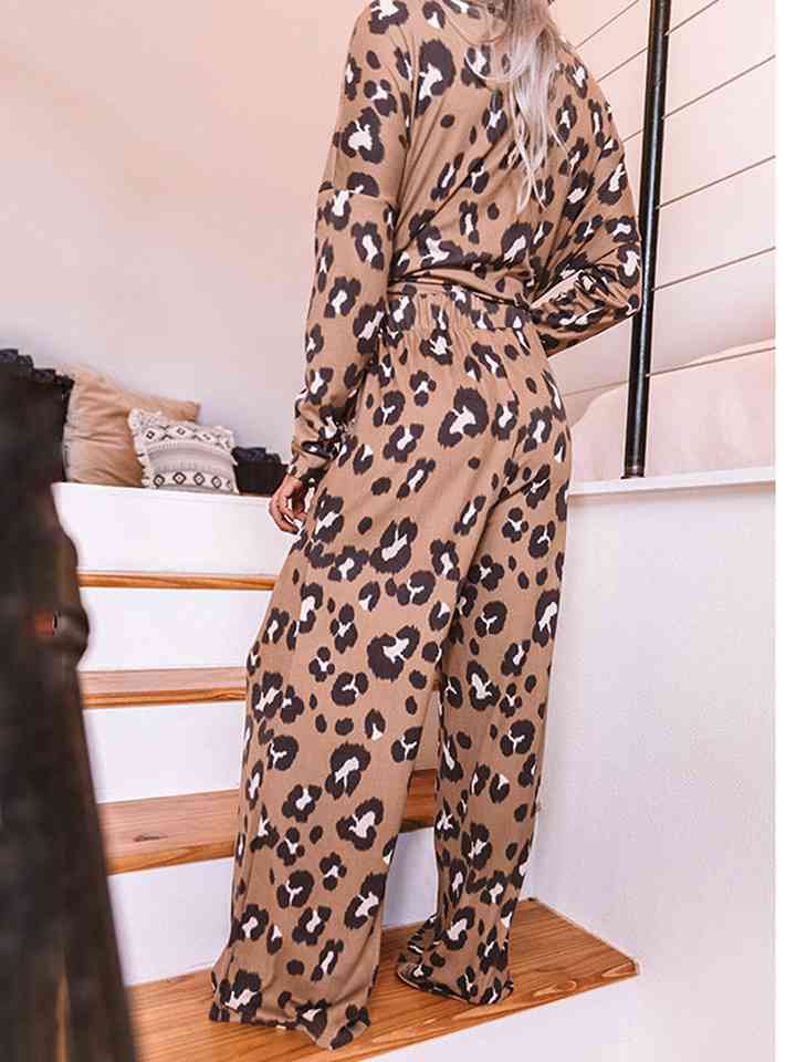 Leopard Long Sleeve Top and Pants Lounge Set - TRENDMELO