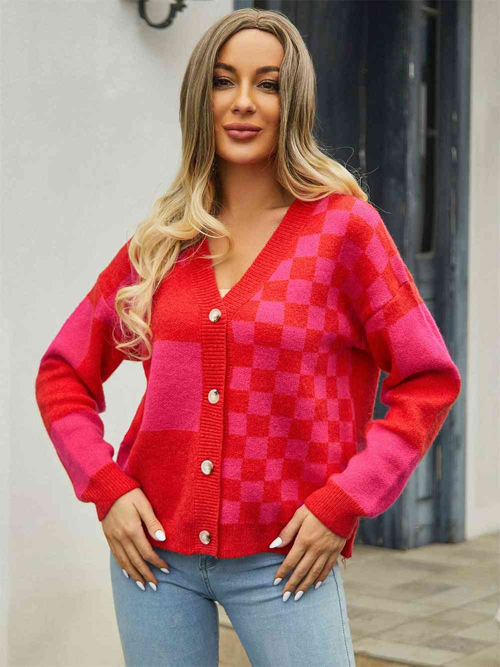 Plaid V-Neck Dropped Shoulder Cardigan - TRENDMELO