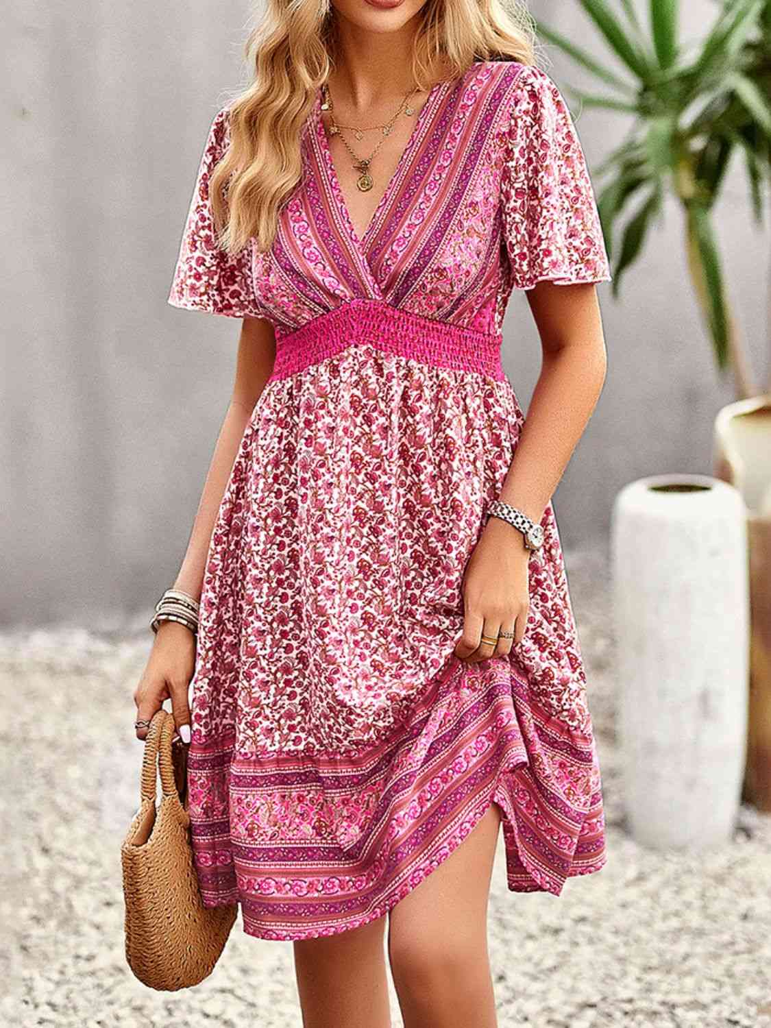 Floral Print Bohemian Style V-Neck Flutter Sleeve Dress - TRENDMELO