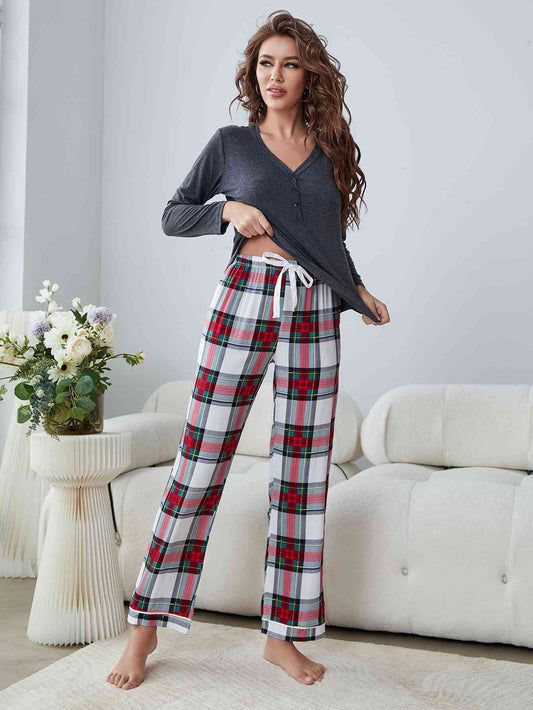 Buttoned Long Sleeve Top and Plaid Pants Lounge Set - TRENDMELO