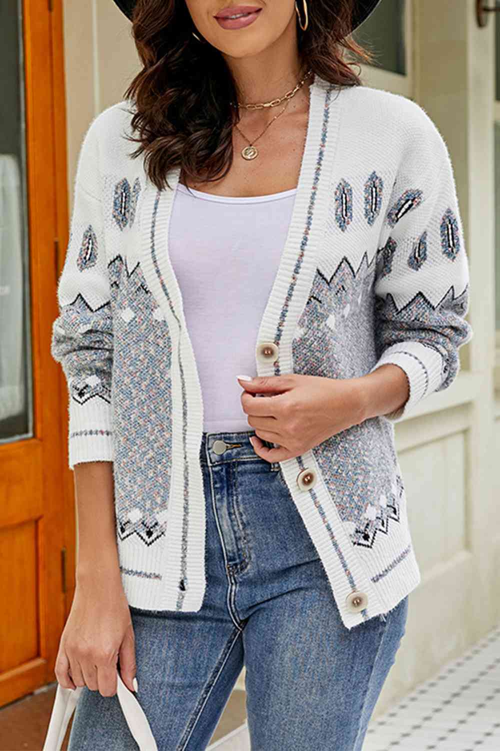 Printed V-Neck Buttoned Cardigan - TRENDMELO