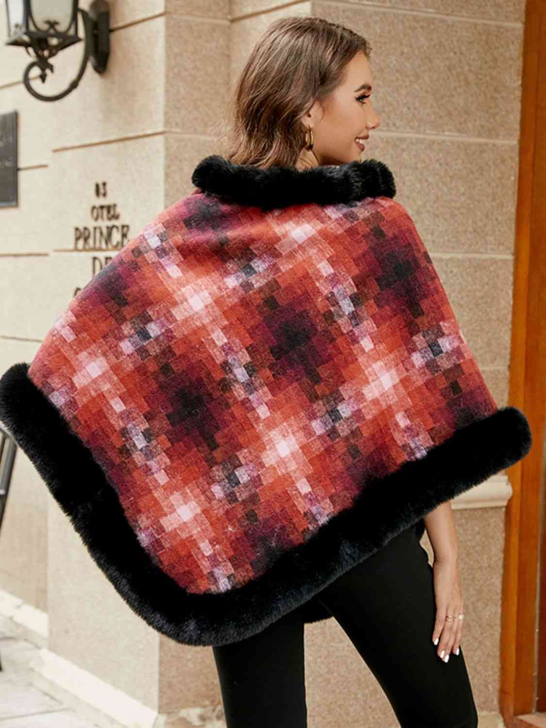 Faux Fur Trim Poncho - TRENDMELO