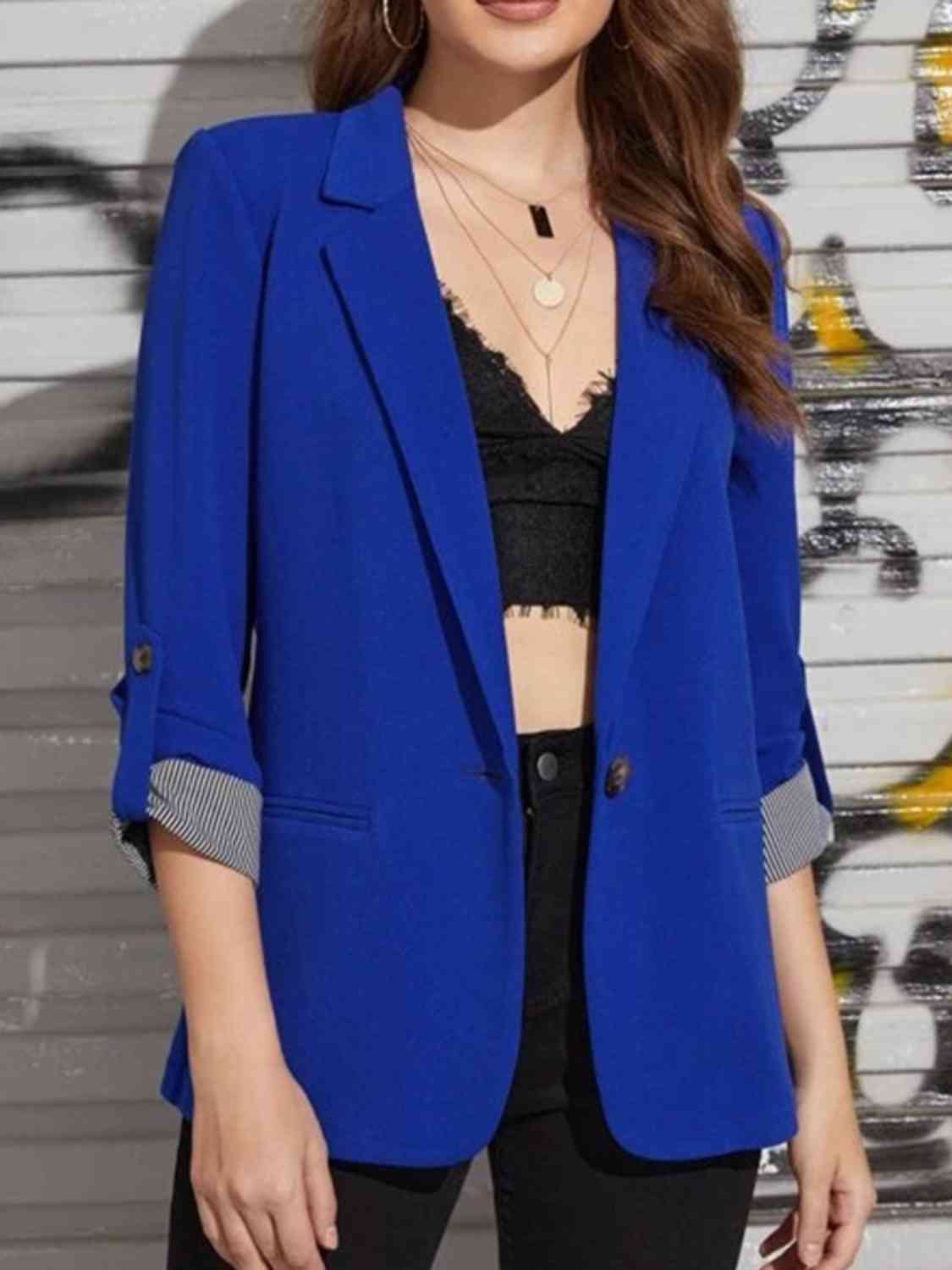 Lapel Collar Roll-Tab Sleeve Blazer - TRENDMELO