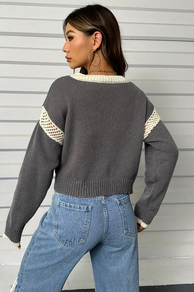 Contrast Openwork Long Sleeve V-Neck Sweater - TRENDMELO