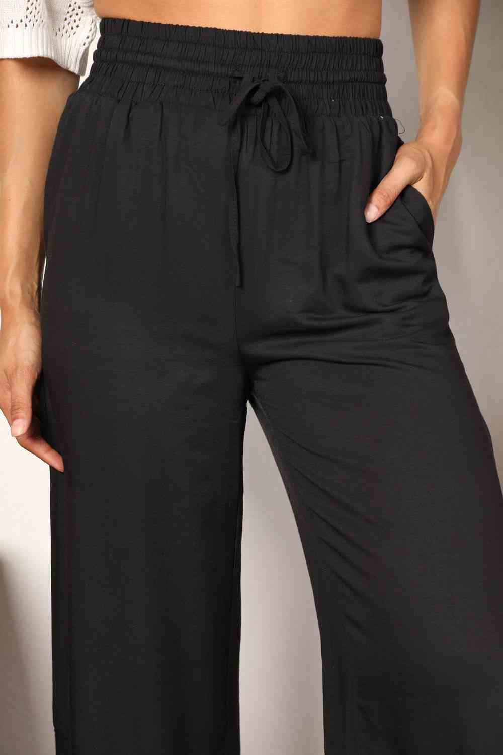 Double Take Drawstring Smocked Waist Wide Leg Pants - TRENDMELO