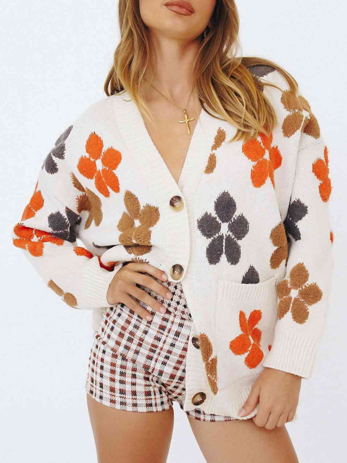 Floral V-Neck Button Up Long Sleeve Cardigan - TRENDMELO