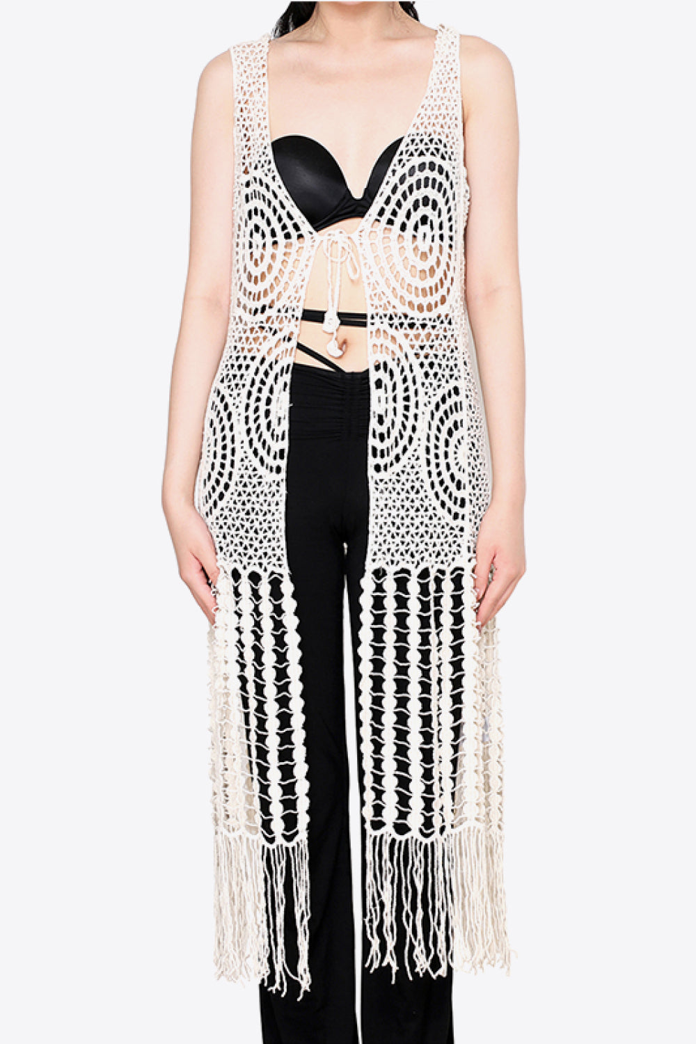 Tie Front Fringe Hem Sleeveless Cover Up - TRENDMELO