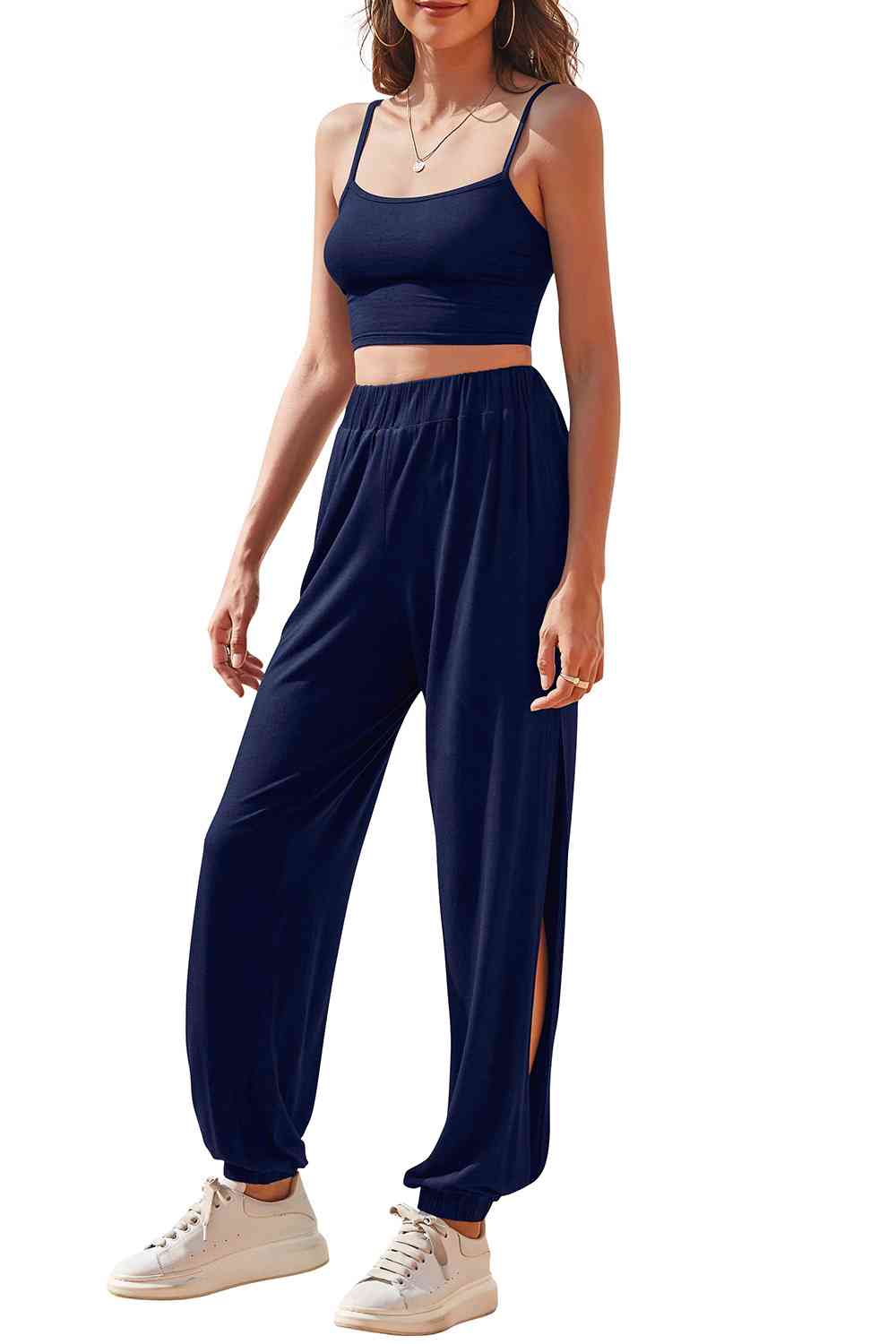 Cropped Cami and Side Split Joggers Set - TRENDMELO