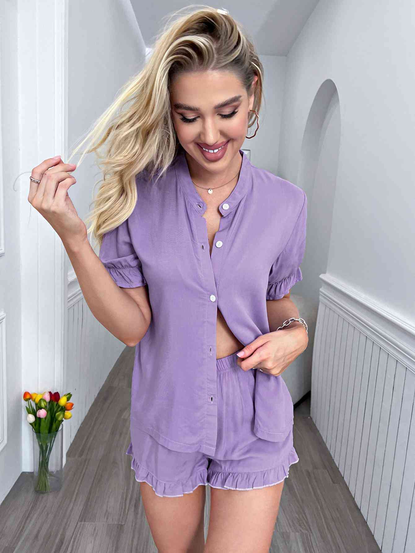 Flounce Sleeve Shirt and Frill Trim Shorts Lounge Set - TRENDMELO