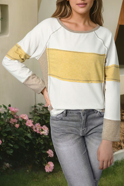 Contrast Stitching Color Block Long Sleeve T-Shirt - TRENDMELO