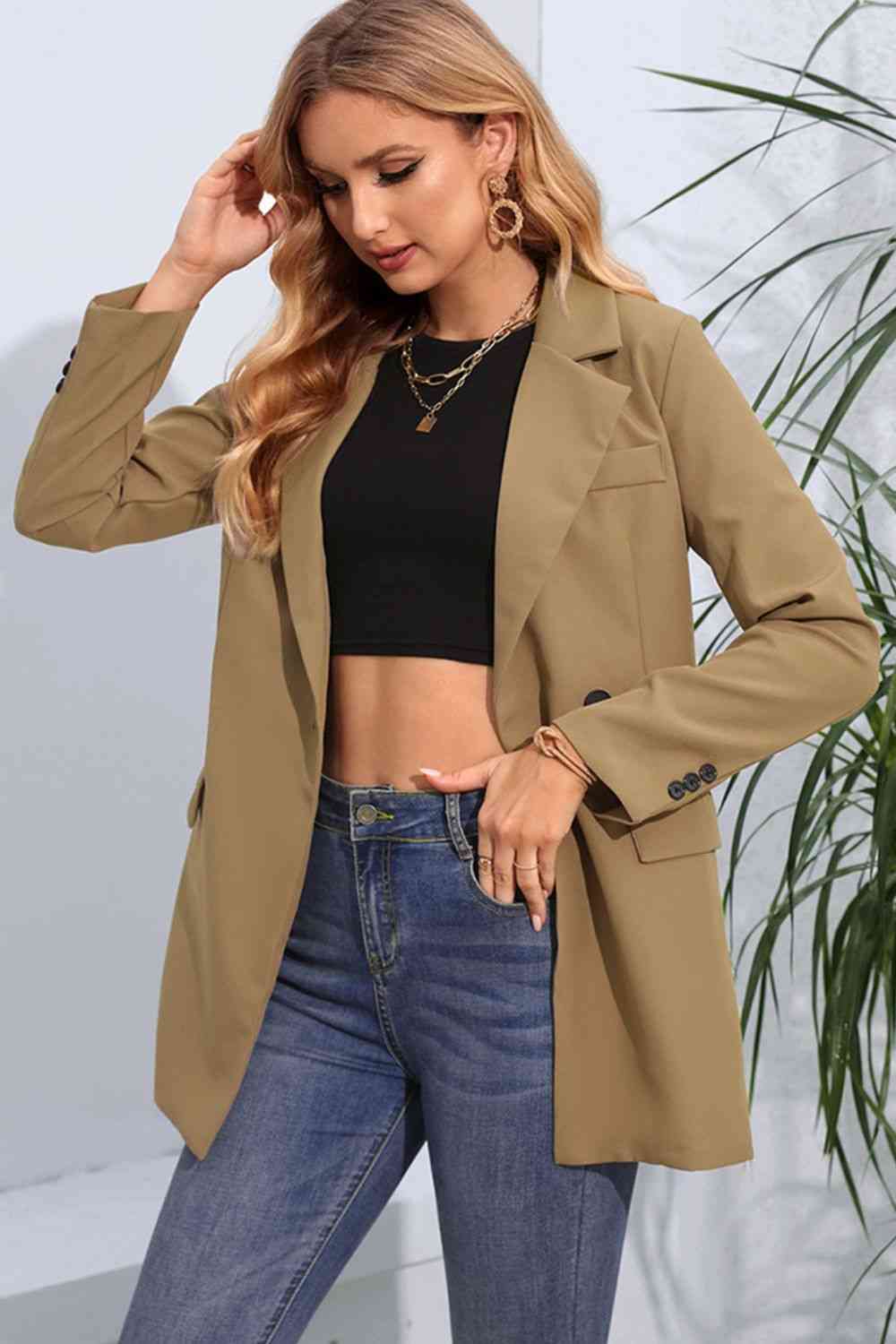 Lapel Neck Long Sleeve Blazer with Pockets - TRENDMELO