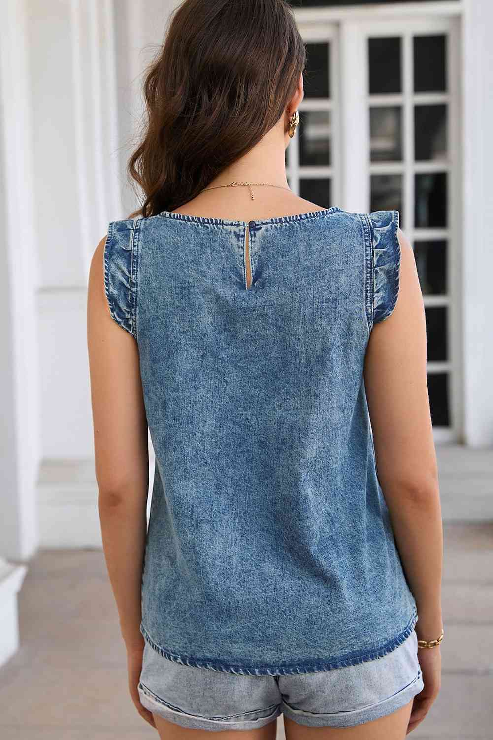 Acid Wash Round Neck Denim Tank - TRENDMELO