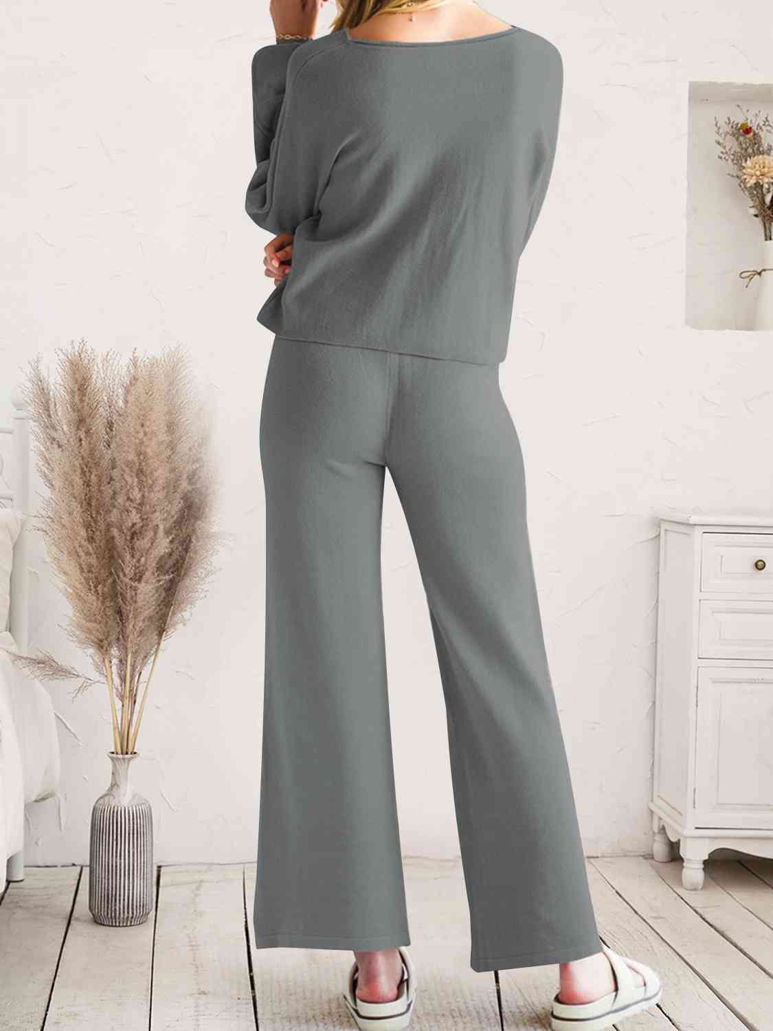 Long Sleeve Lounge Top and Drawstring Pants Set - TRENDMELO