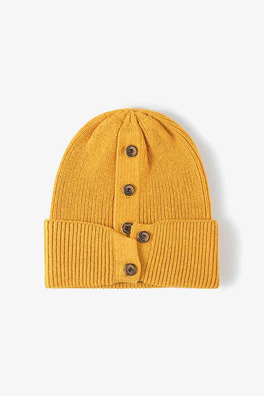 Button Detail Rib-Knit Cuff Beanie - TRENDMELO