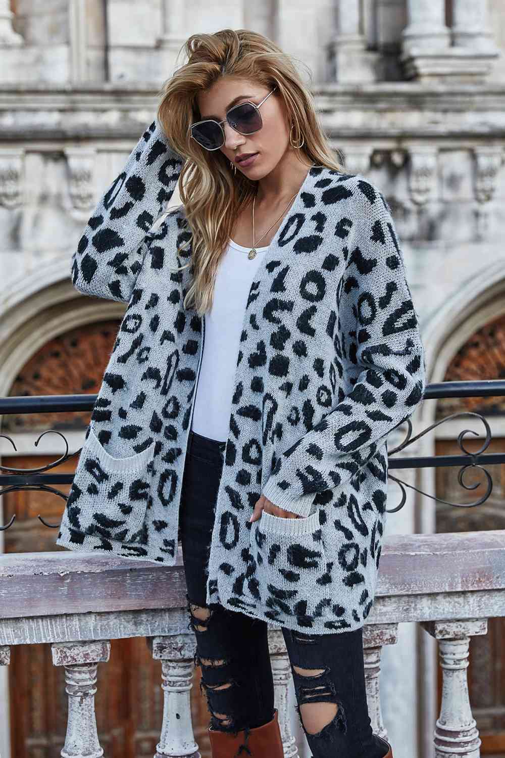 Leopard Longline Cardigan with Pockets - TRENDMELO