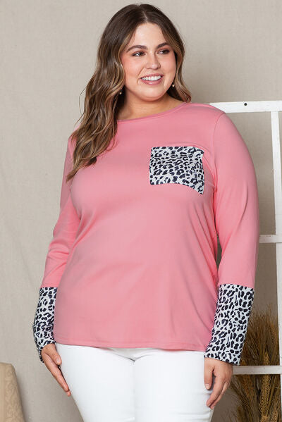 Plus Size Leopard Round Neck Long Sleeve T-Shirt - TRENDMELO