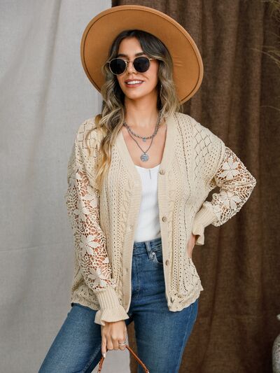 Eyelet Button Up Lantern Sleeve Cardigan - TRENDMELO