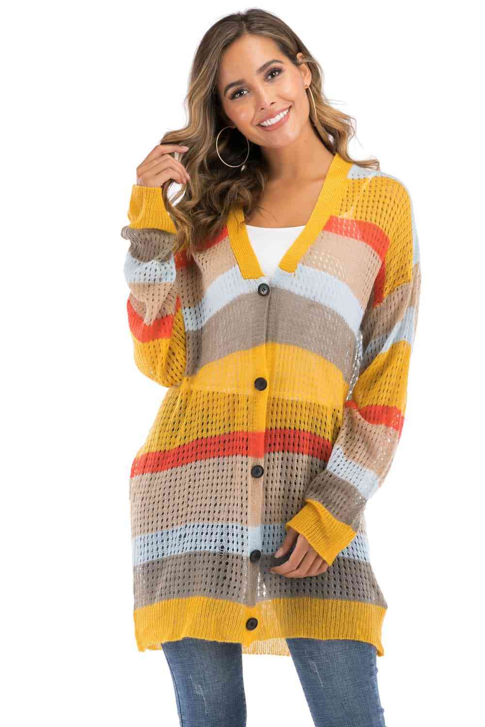 Color Block Openwork Long Sleeve Cardigan - TRENDMELO