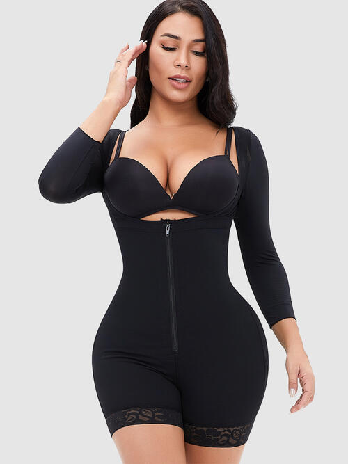 Full Size Zip Up Lace Detail Long Sleeve Shapewear - TRENDMELO