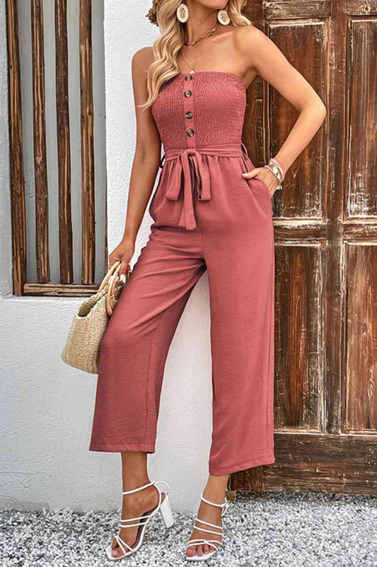 Decorative Button Strapless Smocked Jumpsuit with Pockets - TRENDMELO