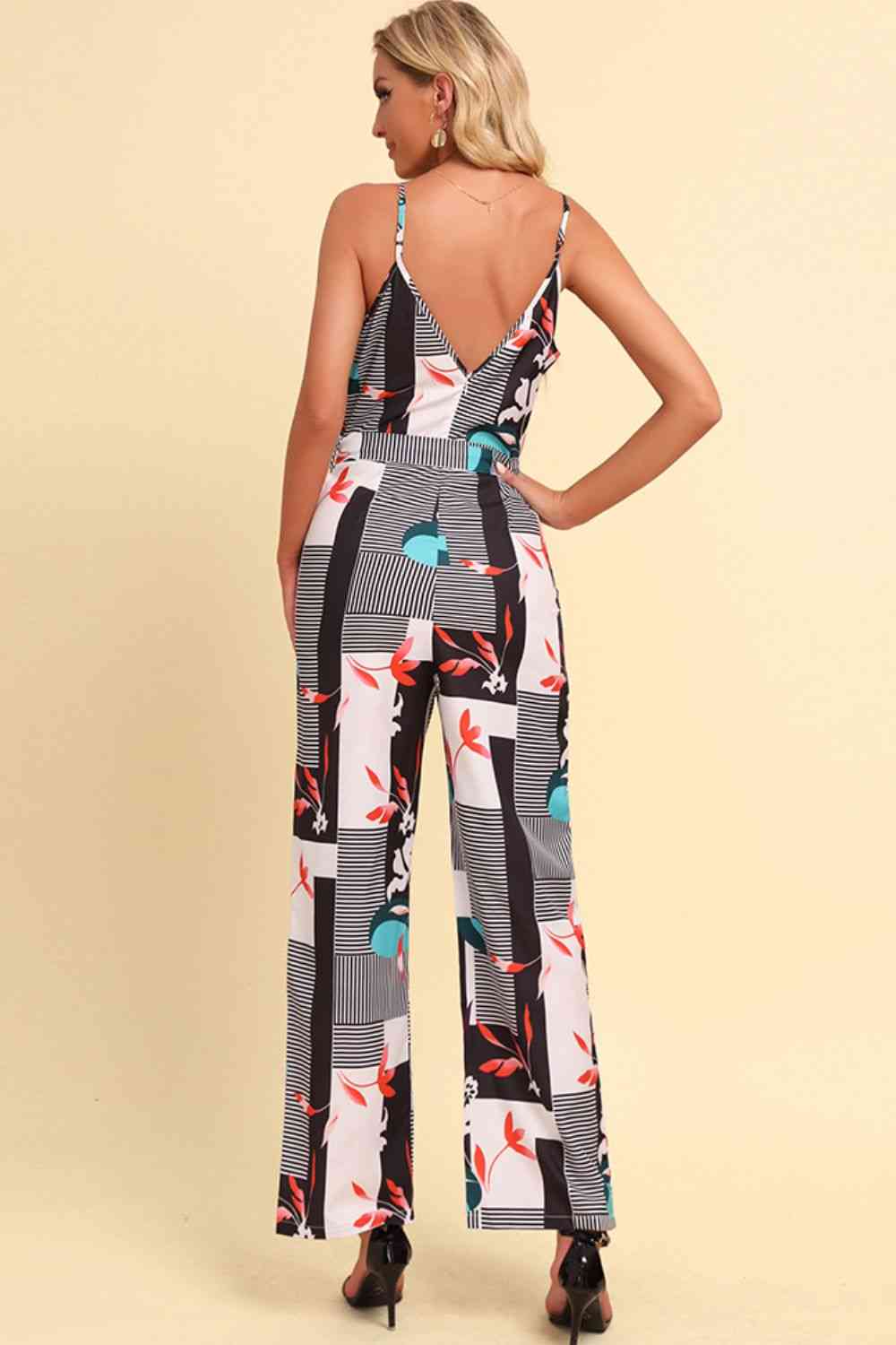 Printed Spaghetti Strap Tied Jumpsuit - TRENDMELO