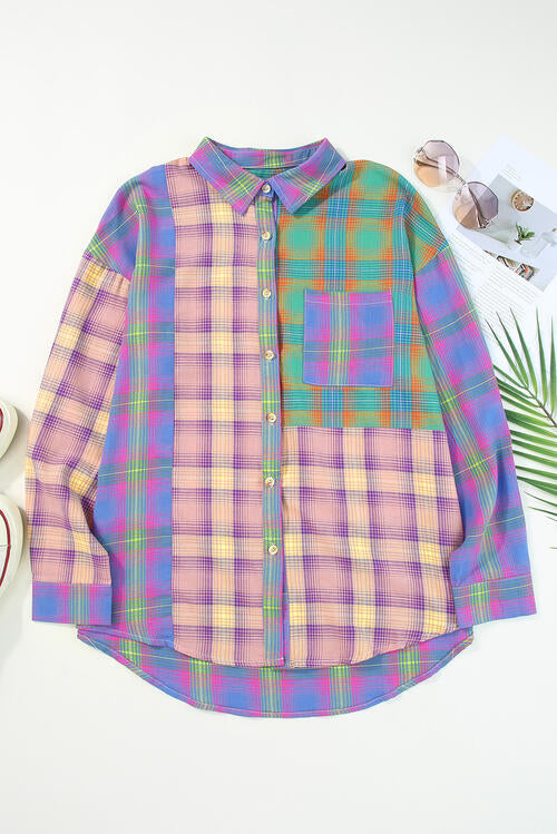Contrast Plaid Pocketed Collared Neck Shirt - TRENDMELO
