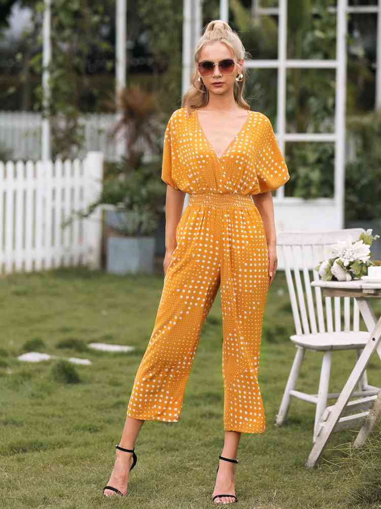 Polka Dot Surplice Neck Jumpsuit with Pockets - TRENDMELO