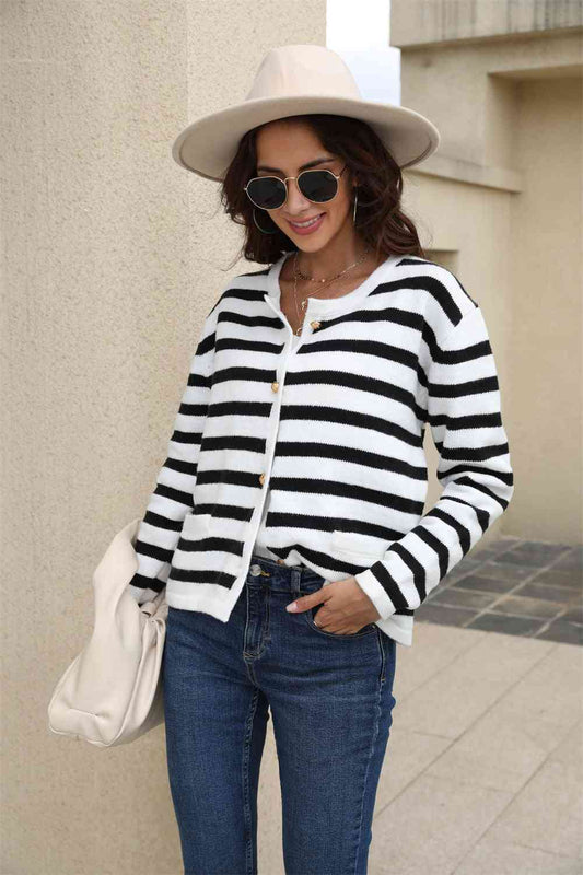 Striped Round Neck Button-Down Dropped Shoulder Cardigan - TRENDMELO