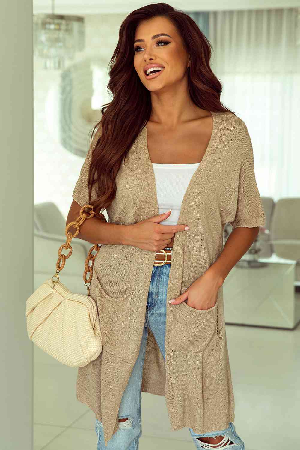 Open Front Sweater Cardigan with Pockets - TRENDMELO