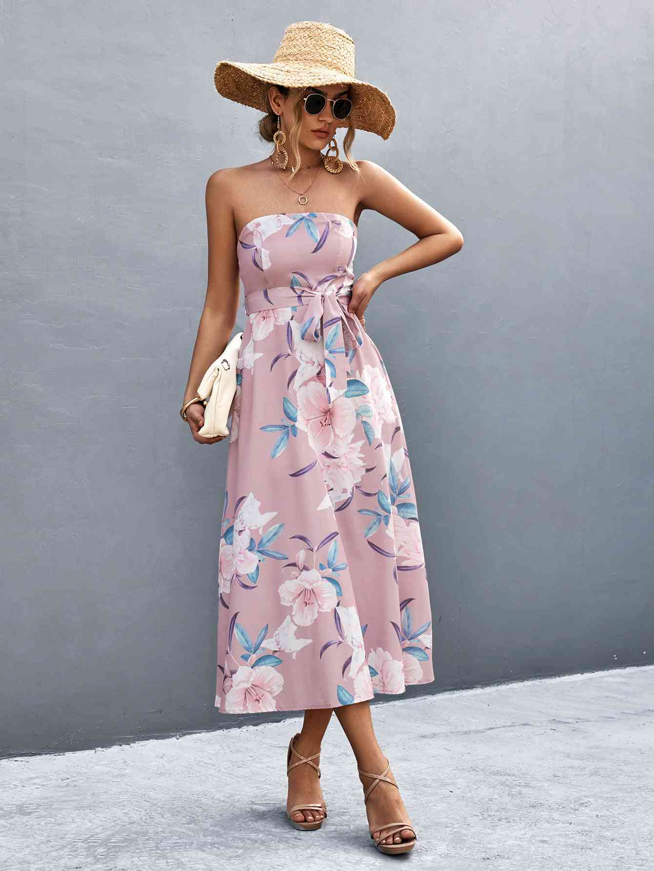 Floral Print Tie Waist Straight Neck Midi Dress - TRENDMELO