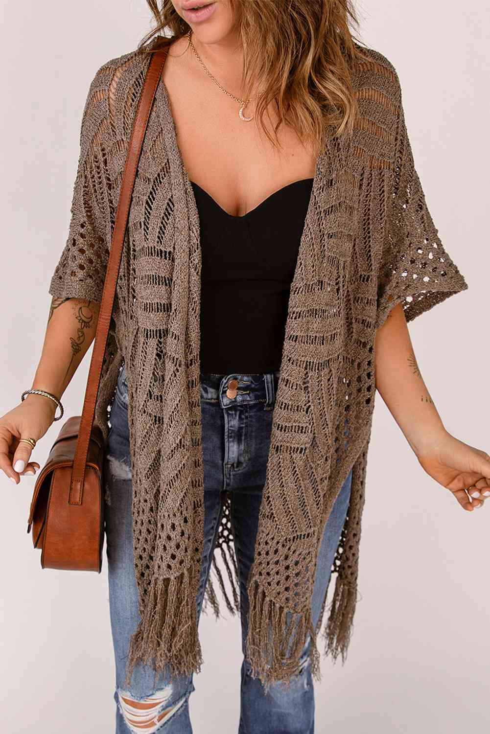 Fringe Hem Slit Open Front Cardigan - TRENDMELO