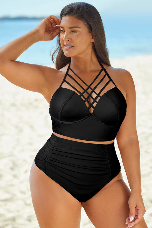 Full Size Halter Neck Crisscross Ruched Two-Piece Swimsuit - TRENDMELO