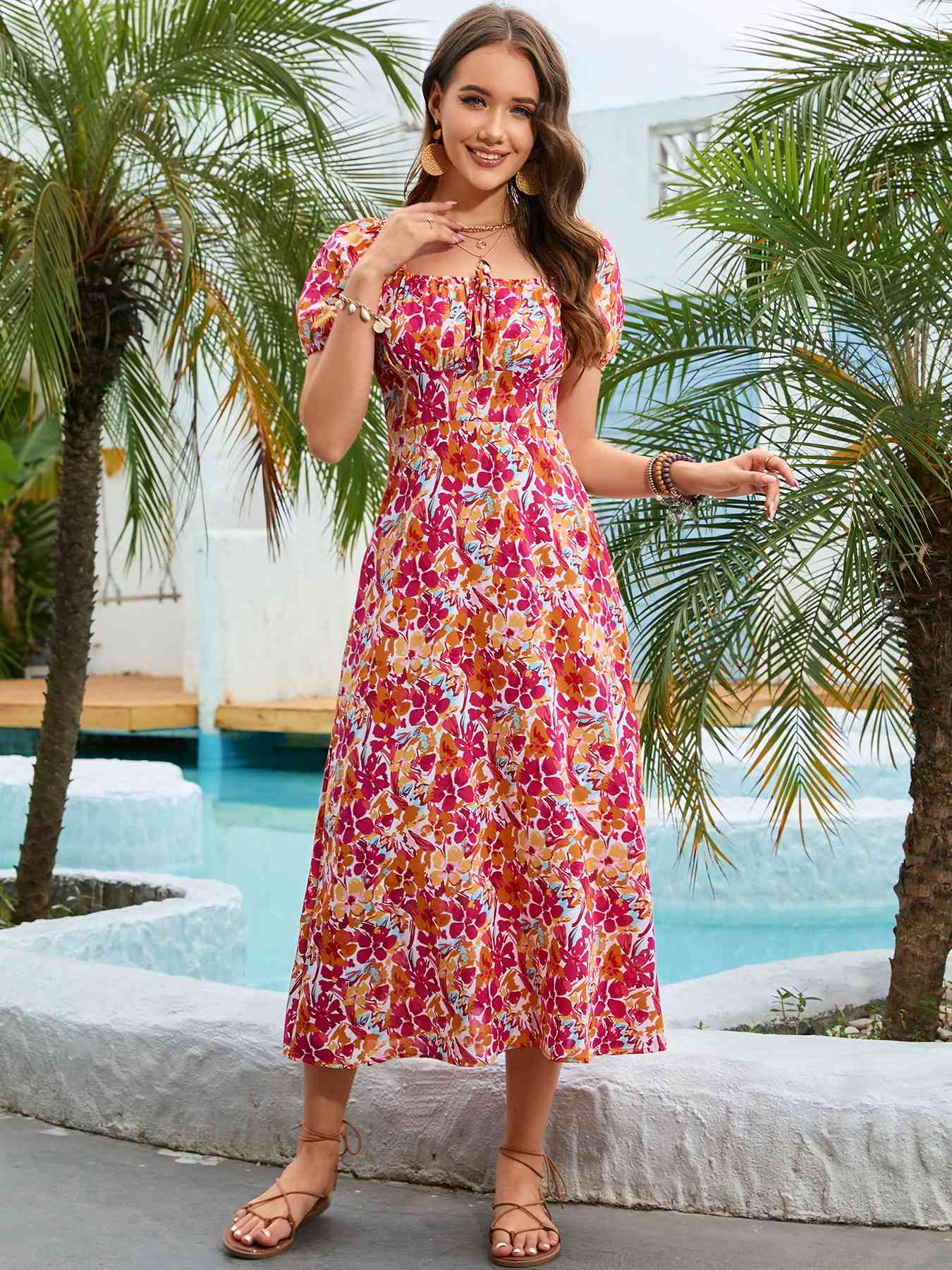 Floral Square Neck Short Sleeve Midi Dress - TRENDMELO