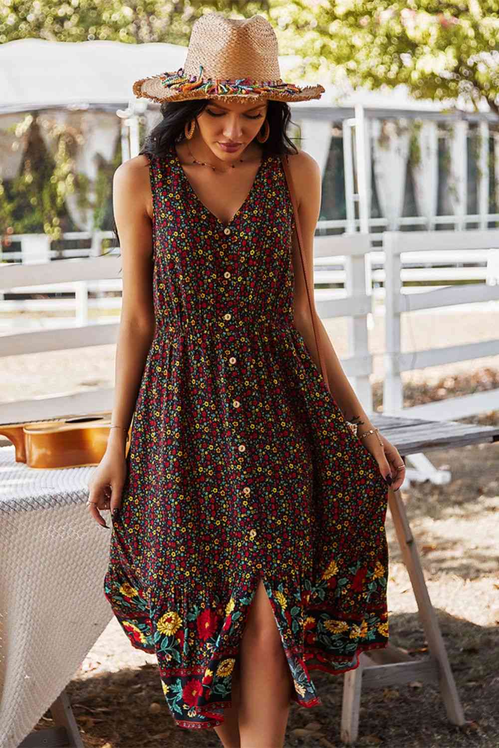 Floral Print Bohemian Style V-neck Sleeveless Midi Dress - TRENDMELO